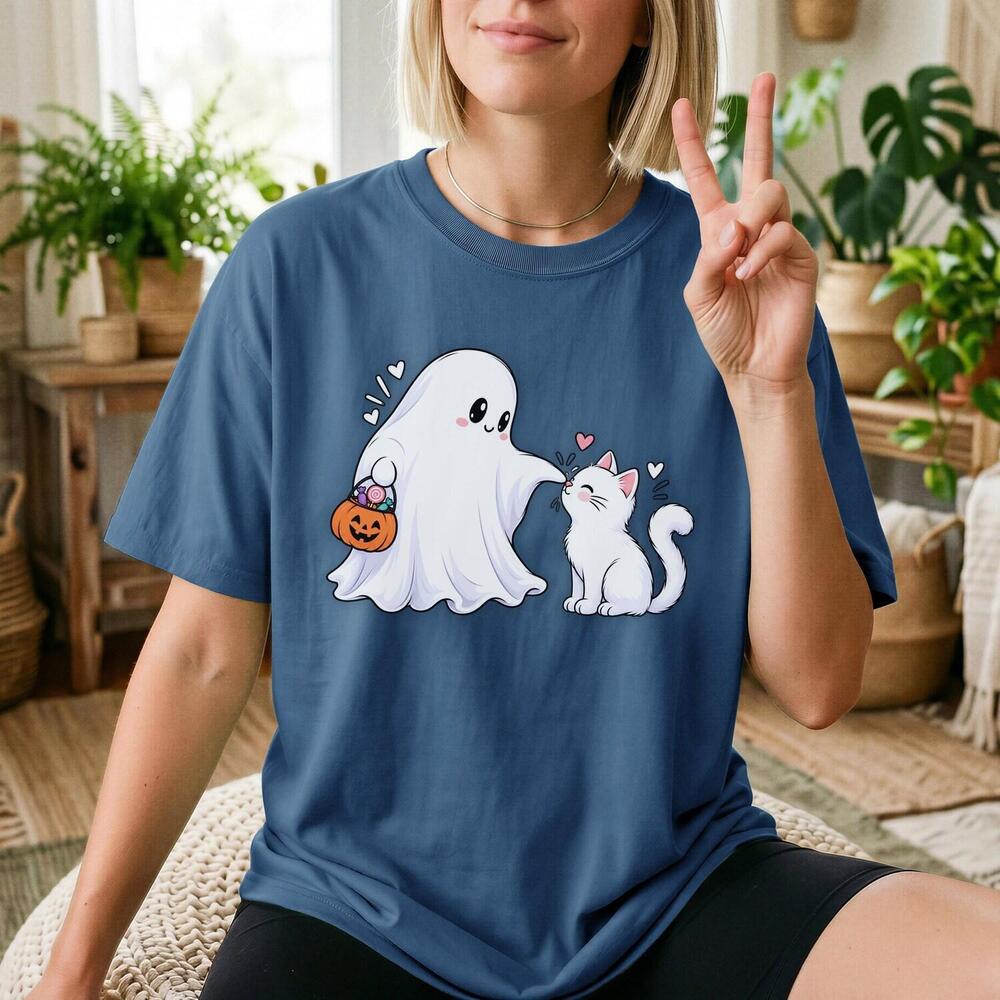 Cute Ghost Cat Shirt, Halloween Cat Shirt, Ghost And Kitty Tee